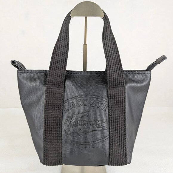 Lacoste Mini Tote Bag Black Canvas Striped Handles Zip Closure - Picture 1 of 16